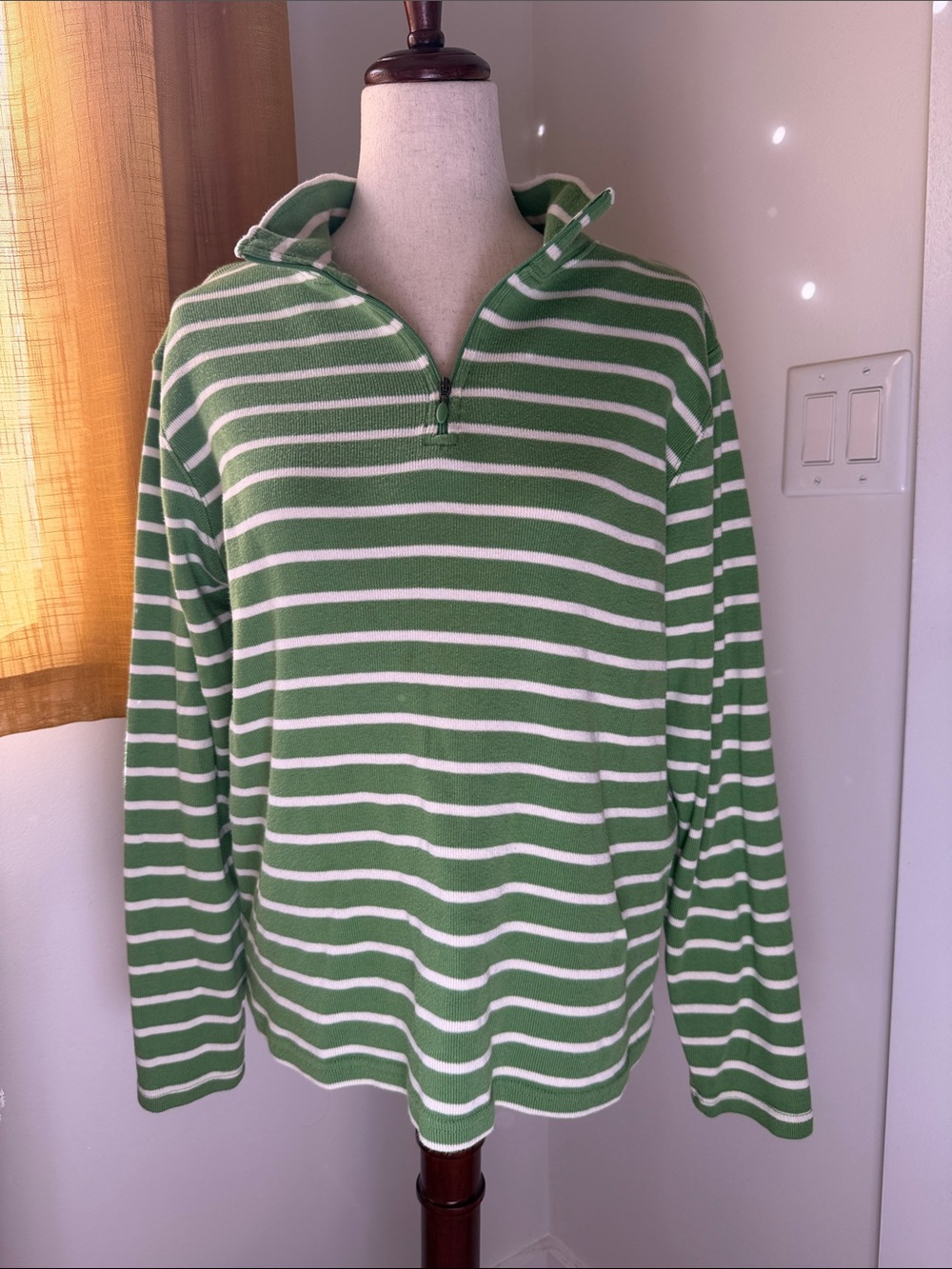 L.L. Bean Green and White Striped Half-Zip Sweater